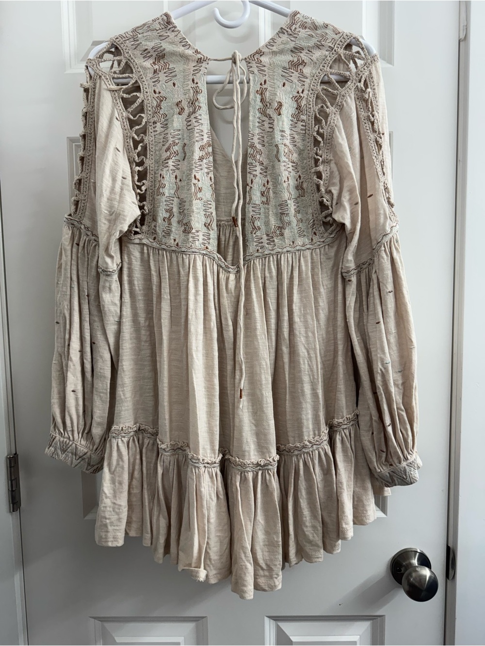 Free People Boho Embroidered Babydoll Mini Dress Cream Crochet Sleeve Small - Picture 3 of 11